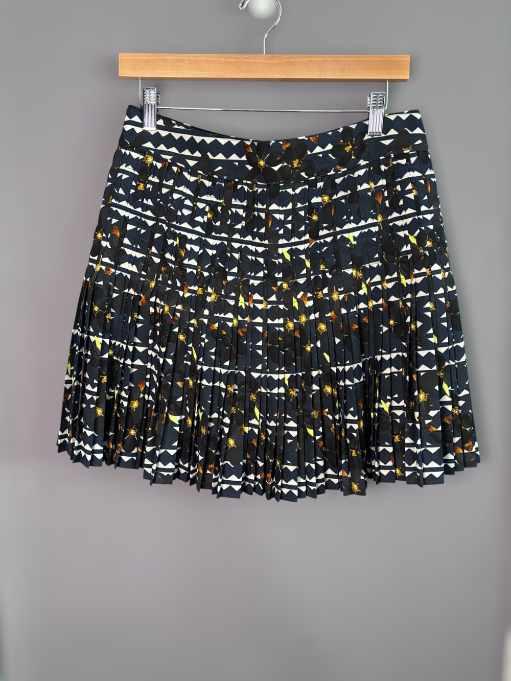 J Crew Blue Yellow Pleated Mini Skirt Geometric Pattern 6